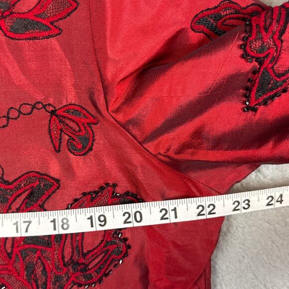 Vintage Women’s Red Silk Blazer Jacket Black Beaded Appliqués Size L Statement - Picture 4 of 10